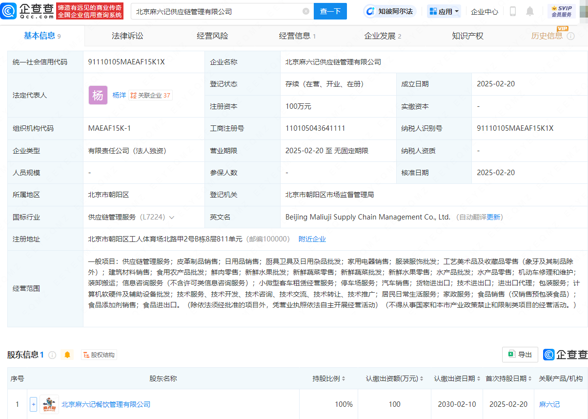 麻六記在北京投資成立供應鏈管理公司